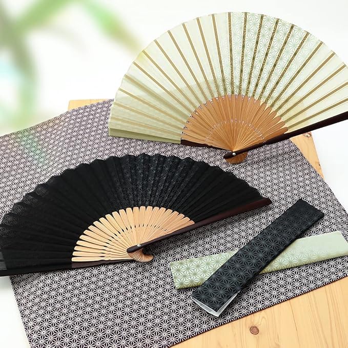 Folding Stylish Business Fan Folding Fan Case with Hemp Leaf Black [Osaka Choseido] Men's Fan, Bag, Handkerchief, Pattern,