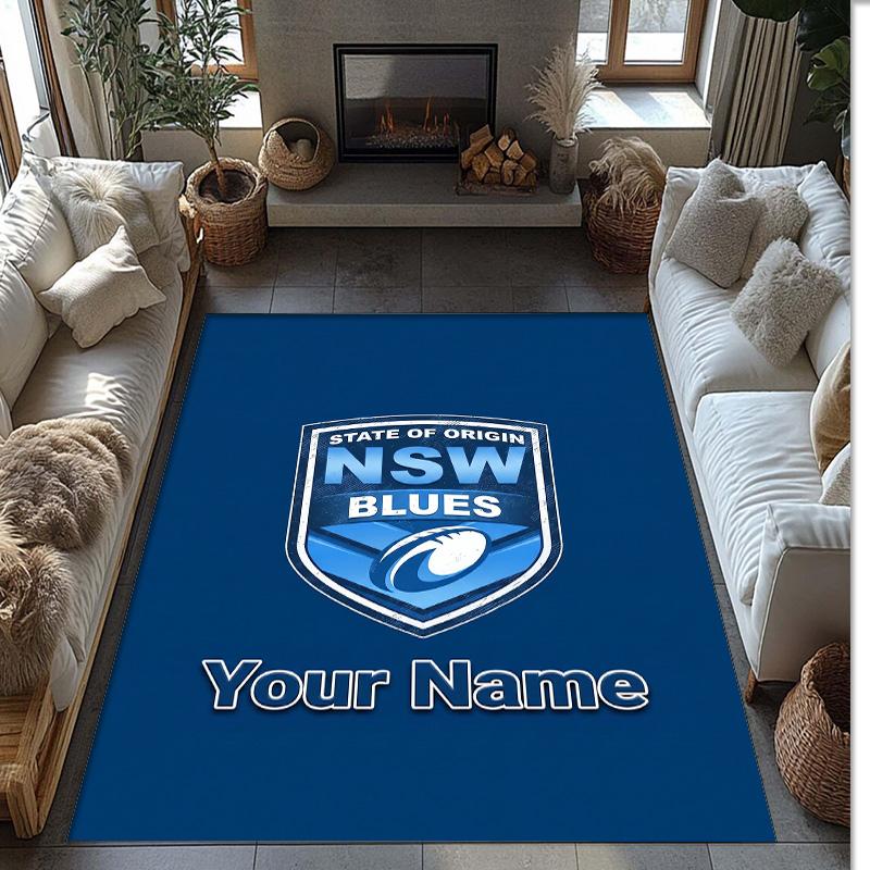NSW Blues logo Crystal Velvet Rug, Custom Name Text Personalized Non‑Slip Floor Mat for Home Decor Gift