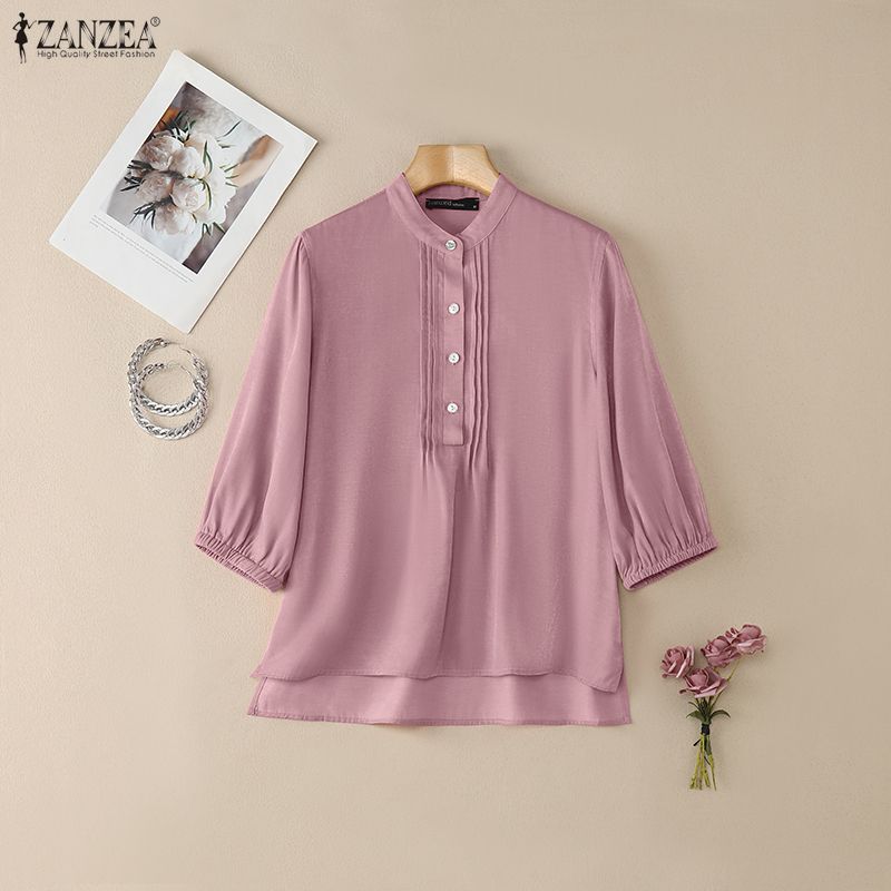 ZANZEA Damska codzienna bluzka z luźnym krojem, ze stójką, w jednolitym kolorze, z rękawami 3/4