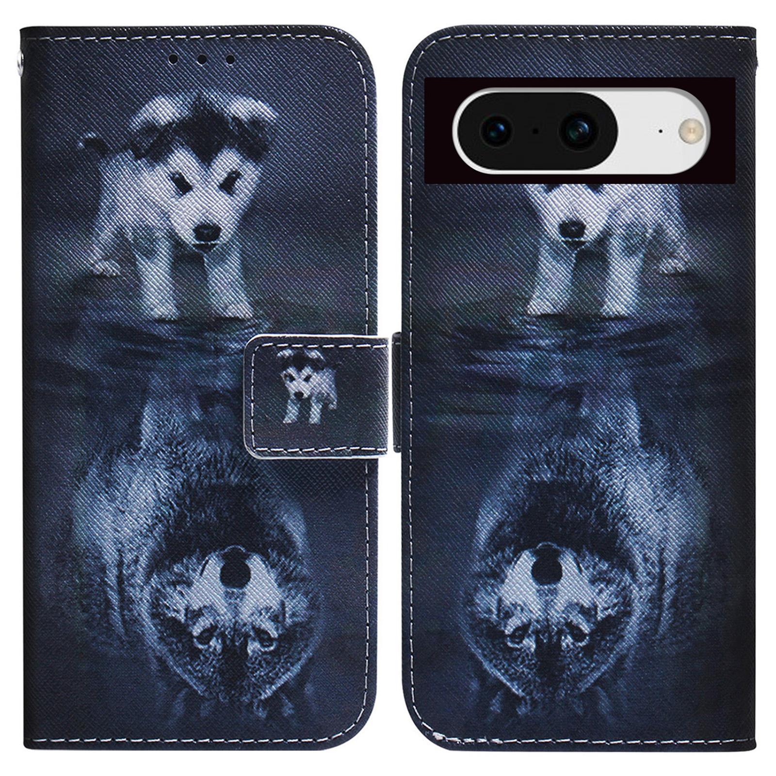 

Anti-Drop Cover for Google Pixel 8 Pattern Printing Phone Case PU Leather Wallet Stand Shell Dog and Wolf
