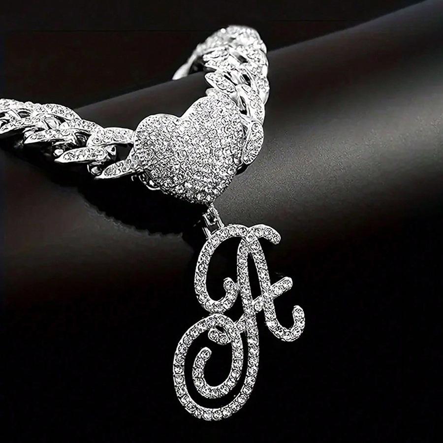 26 English Alphabet Full Diamond Heart Pendant & 13MM Cuban Anklet - Creative Hip-Hop Rapper Jewelry