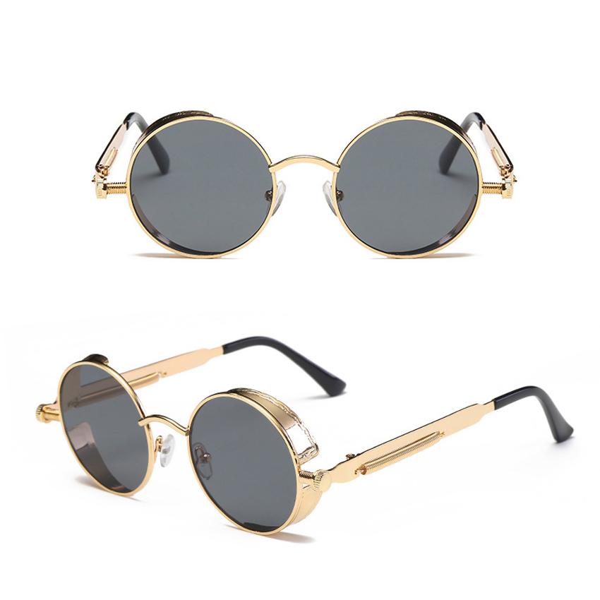 FOENIXSONG Steampunk Round Sunglasses for Men Women Black Brown Retro Wrap Frame Mirror Lens Sun Glasses
