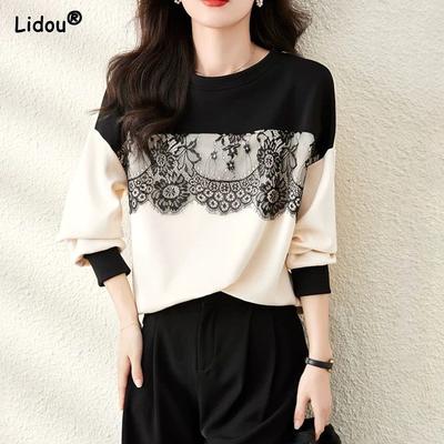 New Spring Autumn Fashion Simple Lace Panel Round Neck Contrast Loose Casual Pullover Women's Sweater