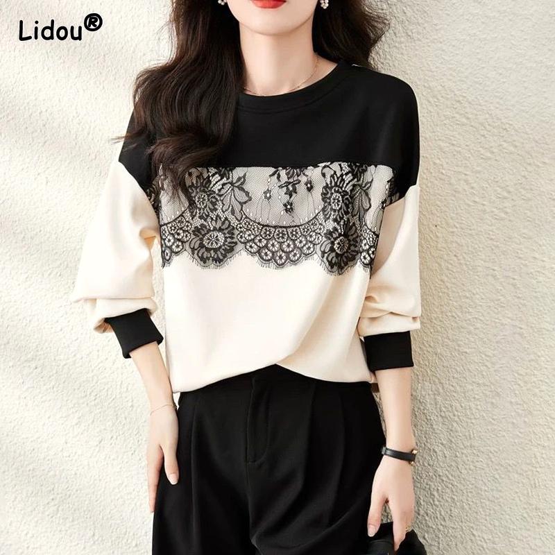 

Новая весенне-осенняя мода Простой свитер-пуловер с контрастным кружевным элементом, круглым вырезом, свободного кроя для женщин M белый