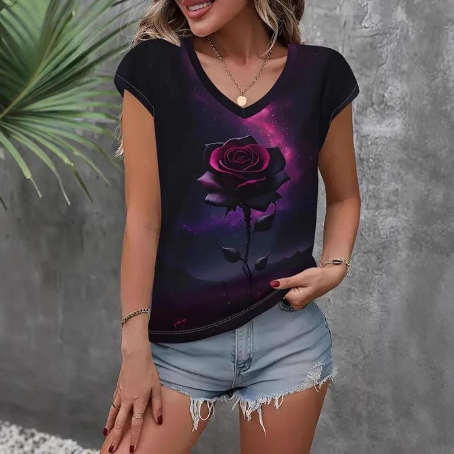 Camiseta vintage para mujer con estampado floral, manga corta, cuello en V, tops cómodos