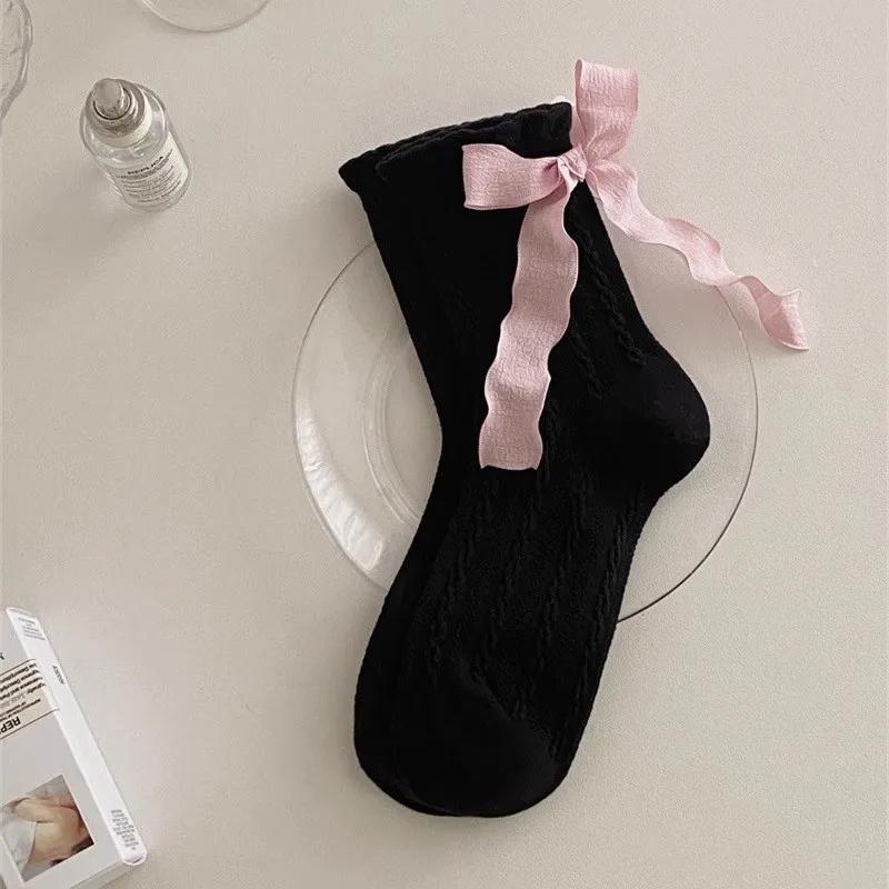 Heel Ribbon Bow Socks Children in Summer Thin Sweet Girl Lolita Socks Women Fried Dough Twists Pattern Tube Socks Absorb Sweat