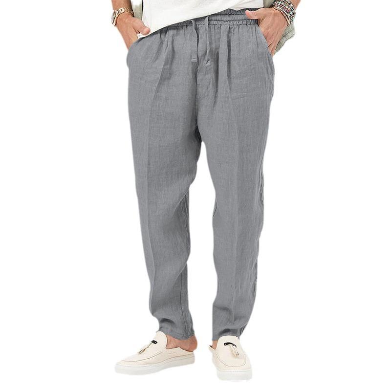 New Thin Section of Men's Fashion Large Size Solid Colour Leisure Drawstring Cotton Linen Trousers Breathable Trousers