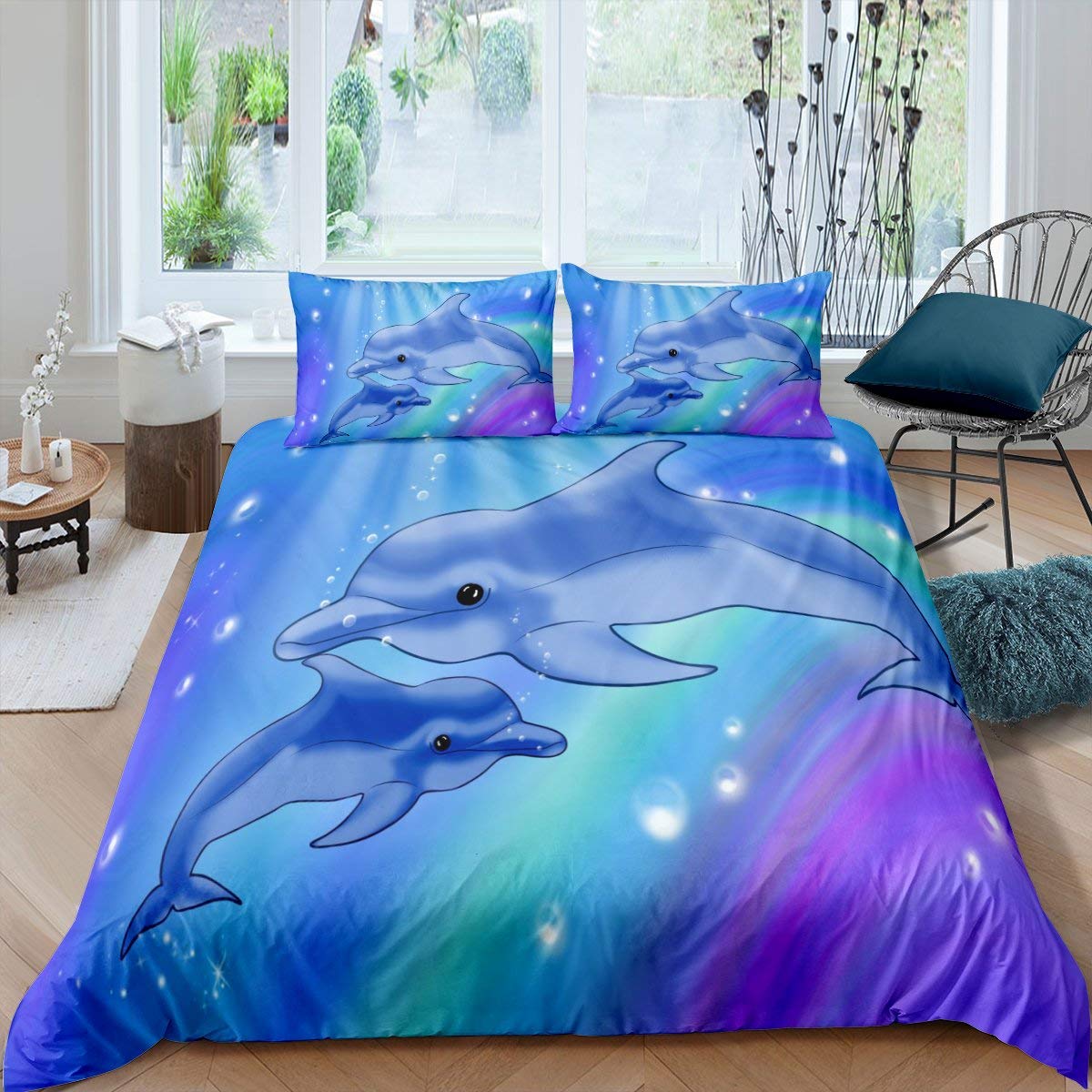 

Kid Dolphin Duvet Cover Set King Size Cute Dolphin Marine Life Comforter Cover Microfiber Blue Wave Decor Quilt Cover For Teens EU single(135x200cm)