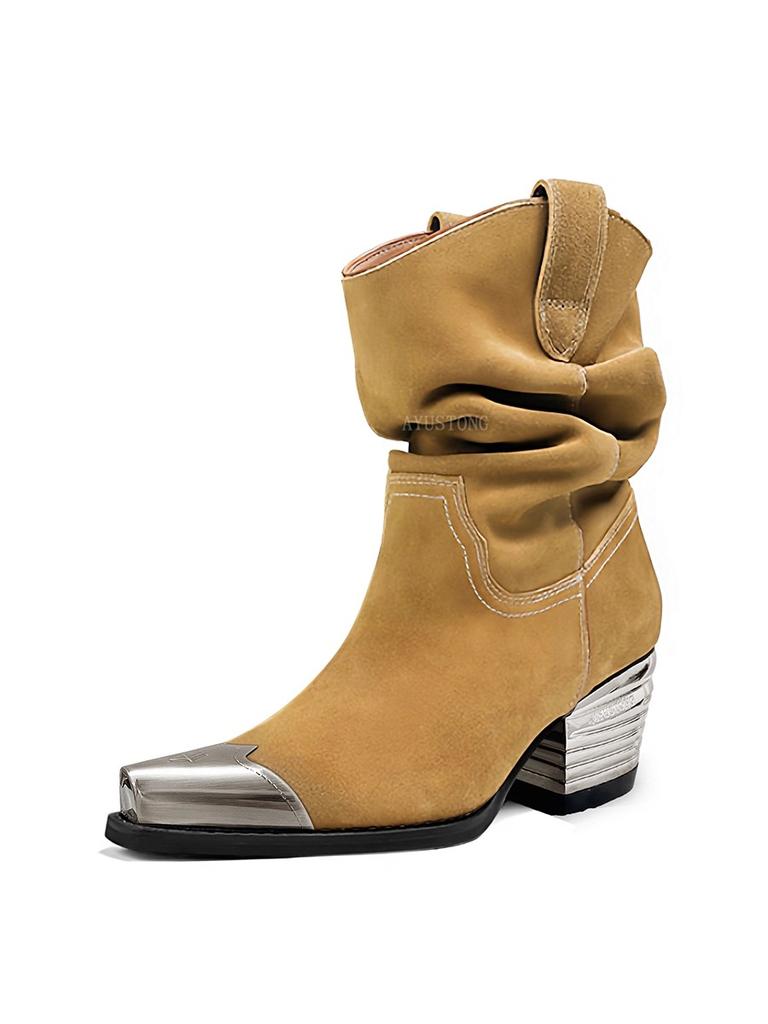 Pointed Pleated Thick Heel Western Boots 2025 Autumn New Elegant Women's Party Short Boots Street Casual Chelsea Boots