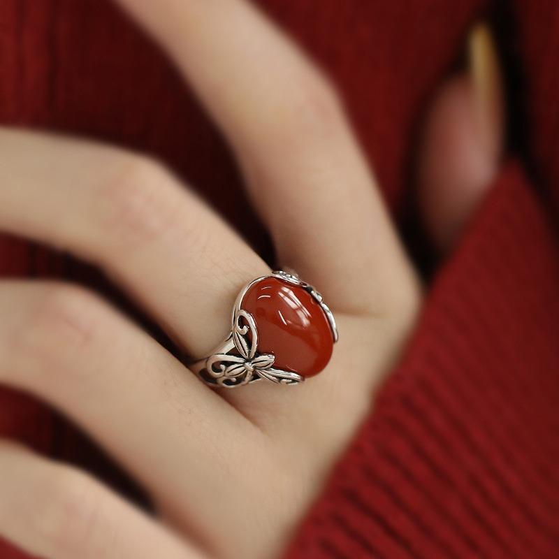 Classic Retro Pattern Ring Synthetic Agate Women'S Ethnic Style Aesthetic Niche Festival Suitable Jewelry Gifts And Accessories