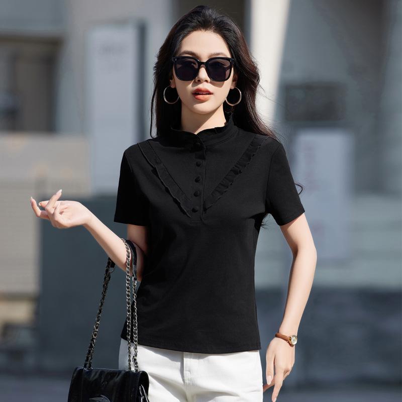 

Летняя женская футболка с воротником-стойкой, кружевом, хлопком, тонкой, с короткими рукавами, универсальная, темпераментная 3XL чёрный