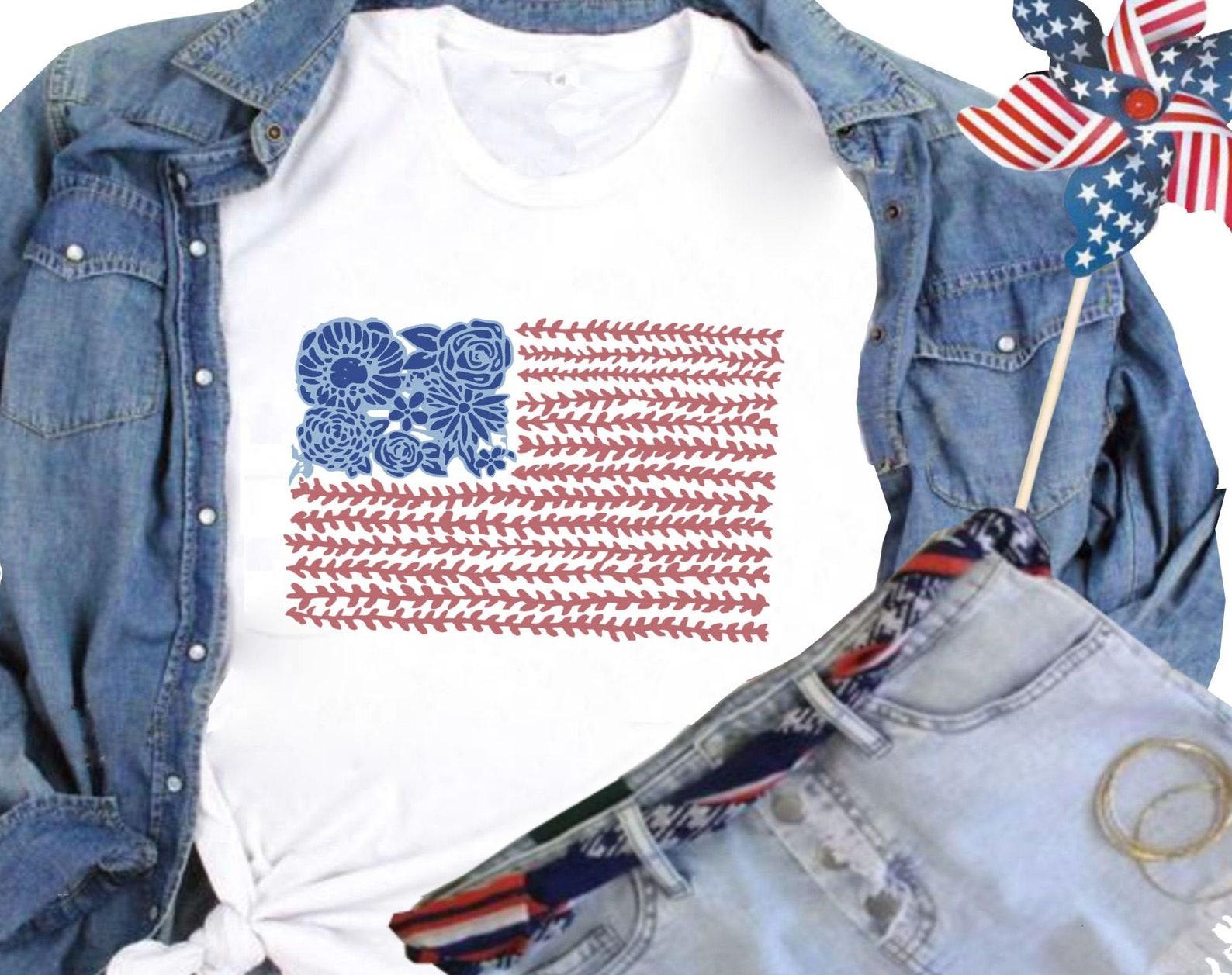 Floral American Flag Shirt: Patriotic Women s Tee M