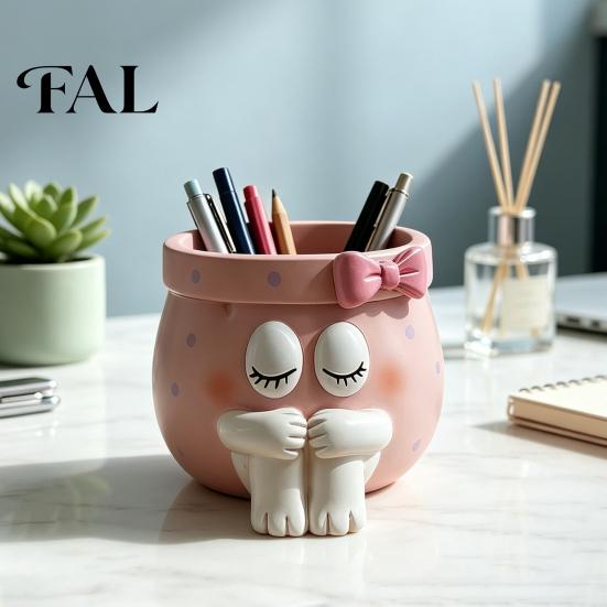 Cute Gift for Her Cartoon Girl Pen Holder, Resin Makeup Brush Decorative Desktop Unique Birthday Gifts Girls Organizer with Bow Design, Sundries