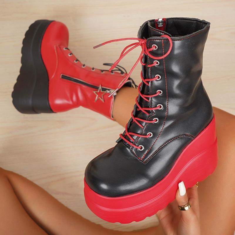Women’s Lace-Up Platform Leather Ankle Boots Trendy Fashion Shoes