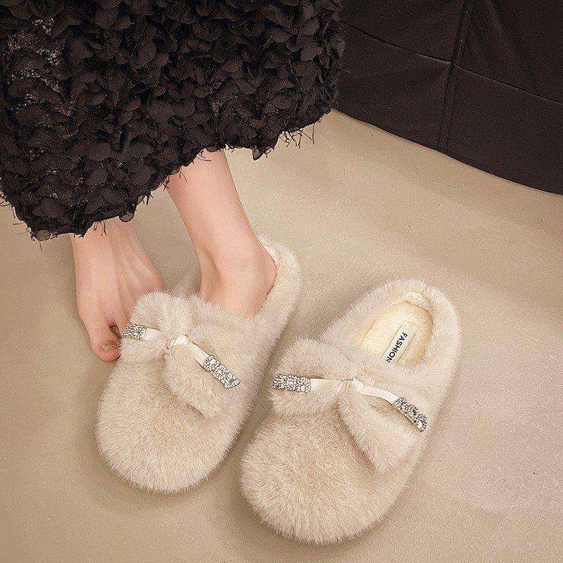 2025 new autumn and winter super fire beautiful plush warm flat bottom bag head cotton slippers fluffy slippers women wear half drag
