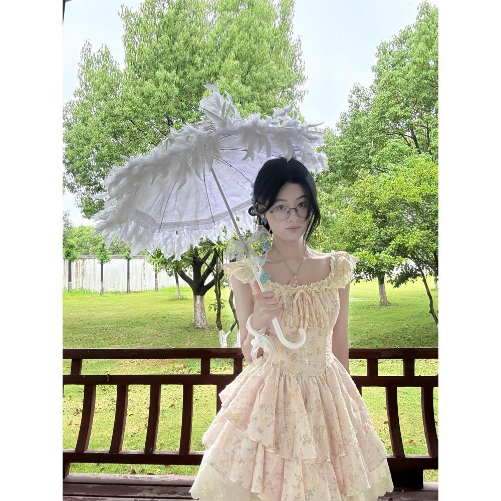 

Сладкий Spice Girl С рукавом Сяофэй Цветочное платье Женское Летнее Красивое Первая любовь Высококлассное Платье принцессы Талия Брючное платье XL- (recommended 110-60kg) розовый