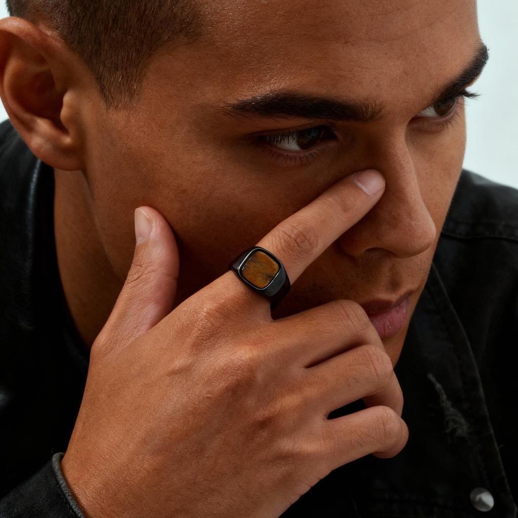 Tiger Eye Stone Signet Ring for Men,Stainless Steel Brown Natural Stone Ring,Rock Punk Cool Fashion Jewelry Gift