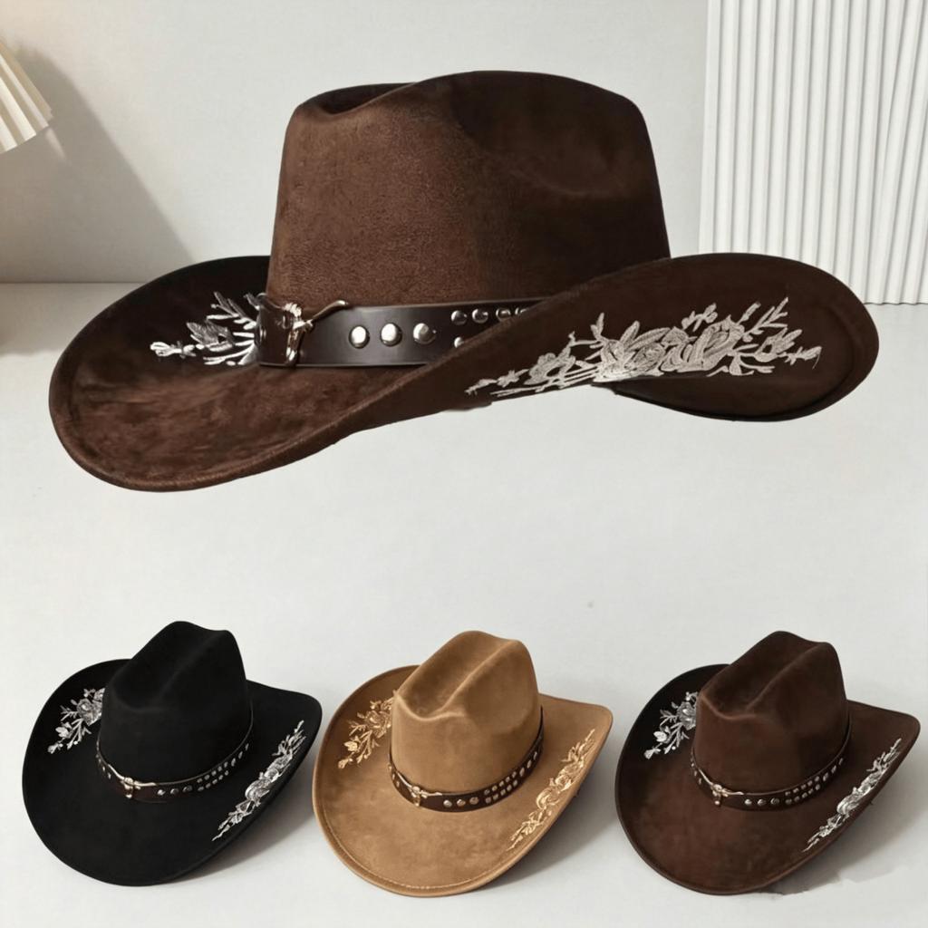 Cappello western da cowboy in camoscio ricamato alla moda, tesa larga, cintura con testa di toro decorativa, cappello da esterno, cilindro da donna