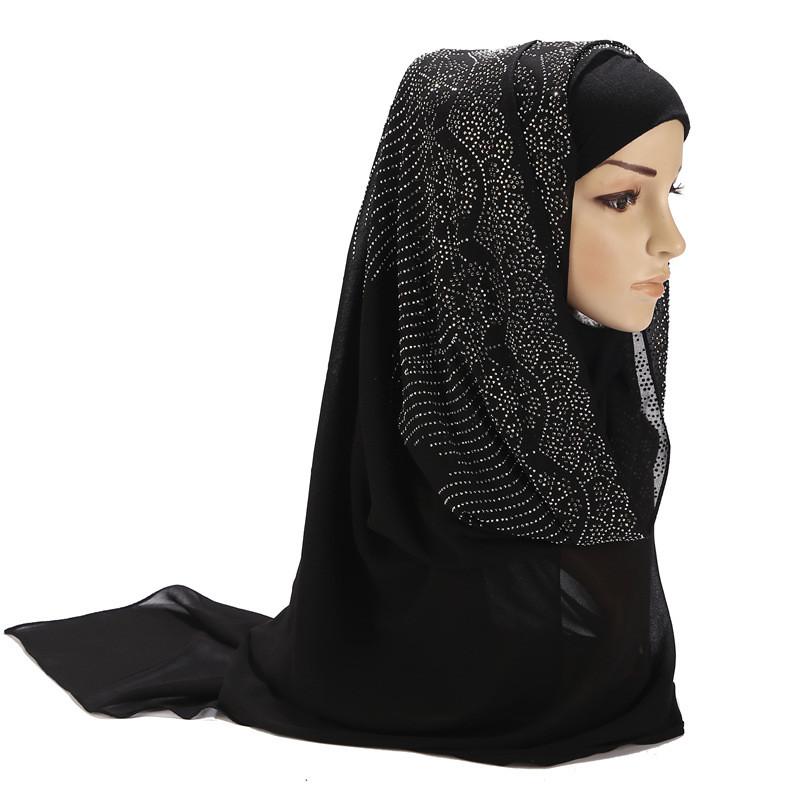 Women Rhinestone Chiffon Solid Color Muslim Head Scarf Shawls And Wraps Pashmina Bandana Female Foulard Hijab Stores