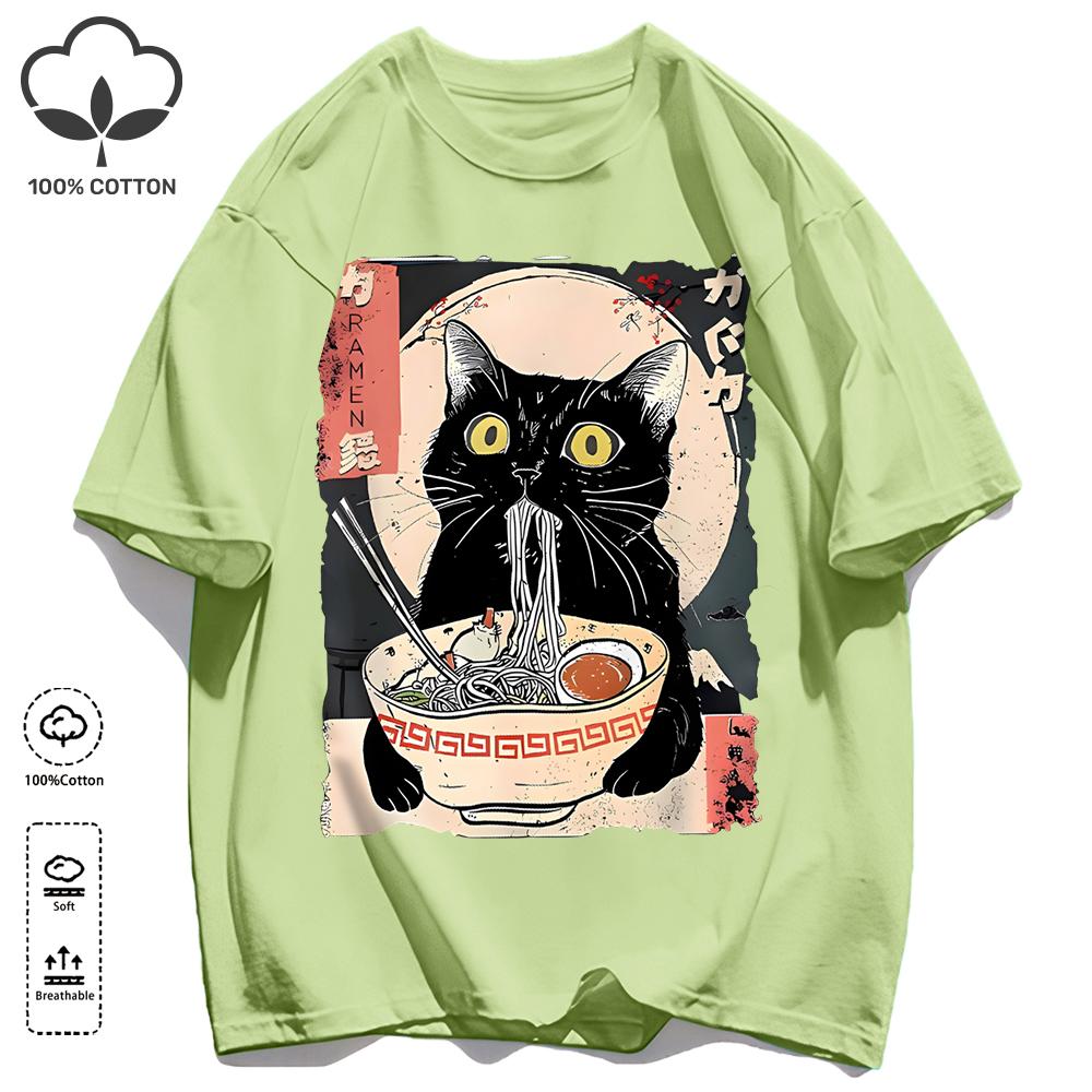 Cat Likes To Eat Noodles And Daydream Design Unisex Retro T-Shirt Casual Cotton Sportwear Loose Hip Hop Clothing Unisex O-Neck Tee