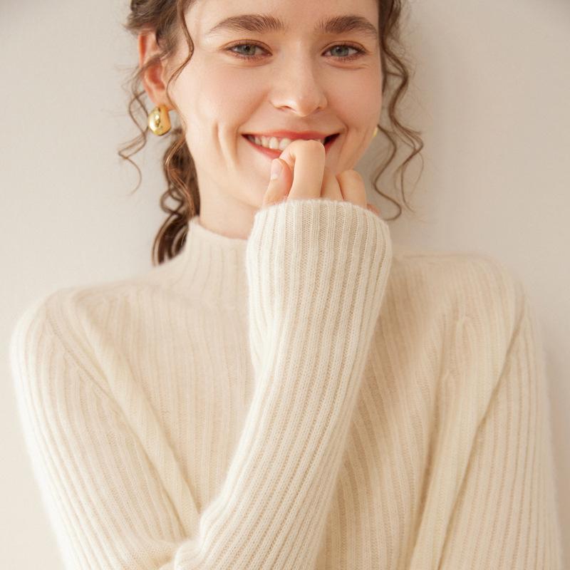 Women's Slim-Fit Ribbed Cashmere Sweater - Half-High Neck Knit Top for Autumn and Winter