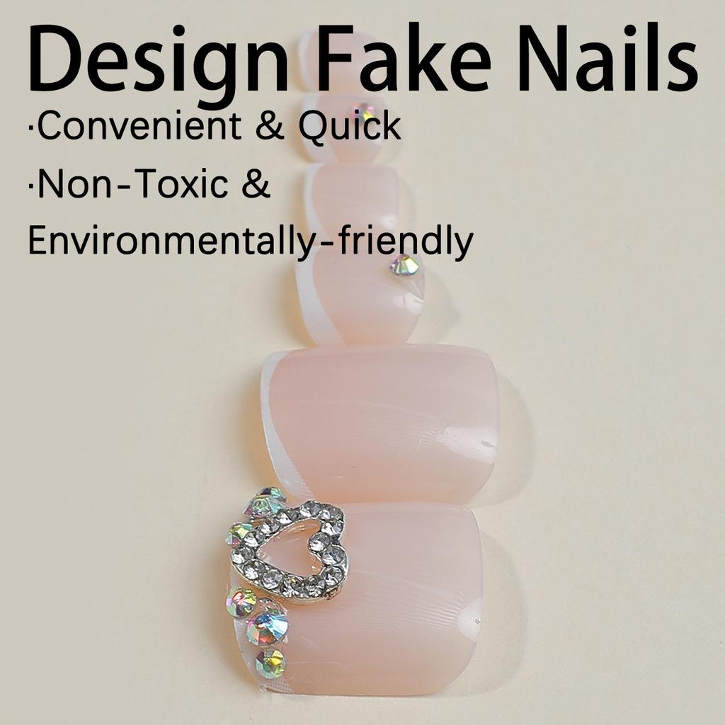24PCS Short Square Press On Toenails White French Tip Fake Toe Nails With Rhinestone Designs Full Cover Acrylic Toenails For Women Nail Supplies
