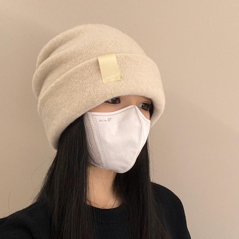 Knitted pile cold hat women's autumn and winter wool blended bald hat warm ear protection versatile face small hat advanced sense