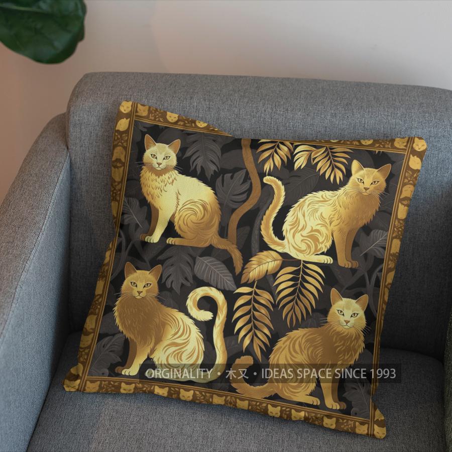 2D Golden Cats And Branches Pillow Cover Pattern Cushion Cover Suitable For Sofa Bedroom Car Pillow Cover