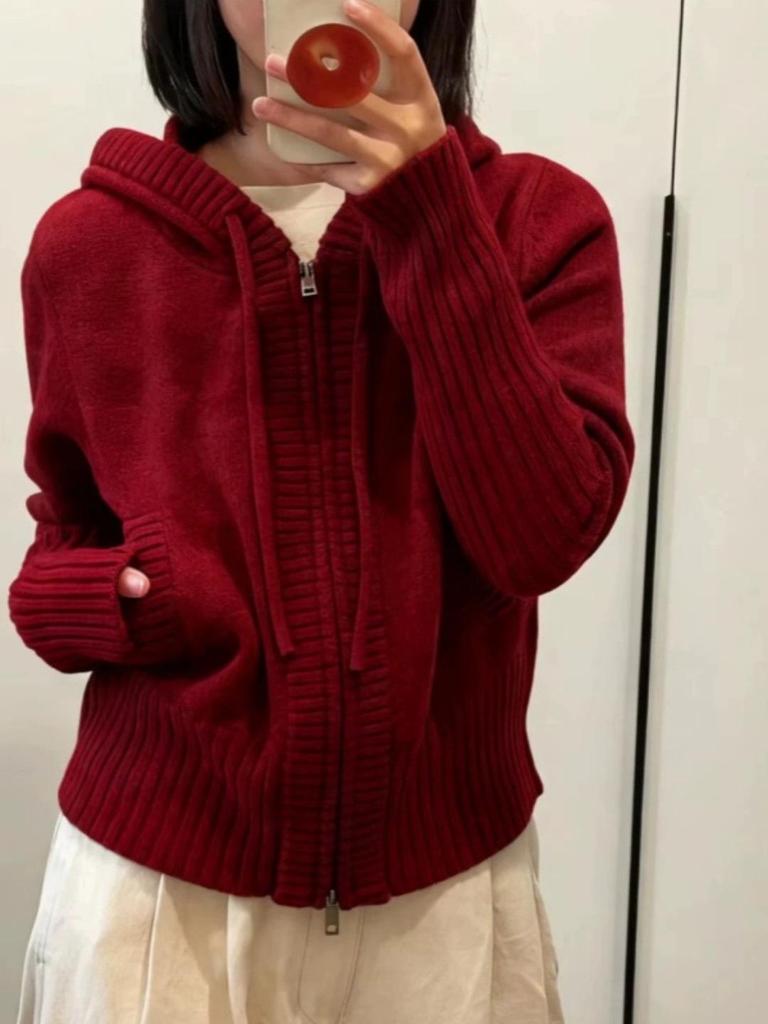 Women's Long Hooded Pure Wool Knit Cardigan with Double Zipper and Pockets