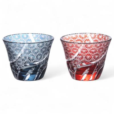 Mizukage Kiriko Pair Glasses Cups for Cold Tea 100cc Ranbori Komon Ink Blue Red Bishou Current Model J-kitchens 76xH60mm &