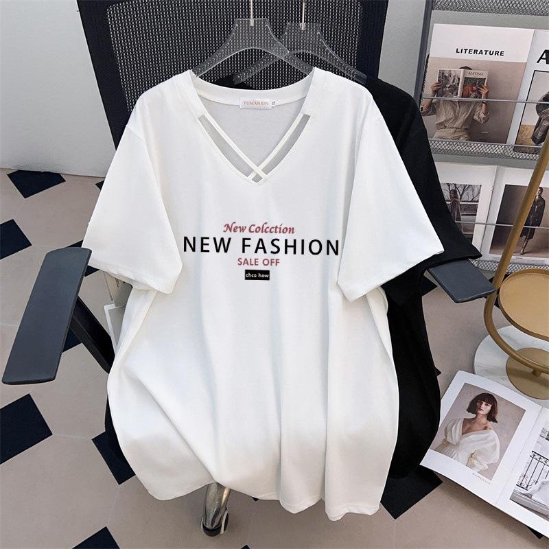 

Women s Plus Size V-Neck Mid-Length Loose Short Sleeve T-Shirt 200-350 Jin 1053 5XL білий