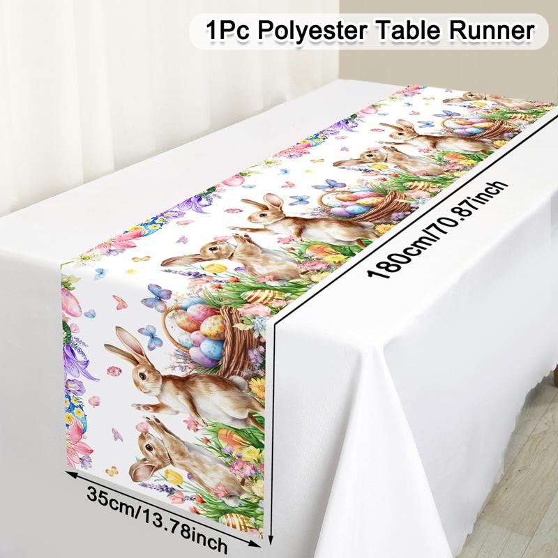 Vintage Easter Bunny Table Runner Polyester Rabbit Eggs Flower Table Flag Easter Decorations For Home Kitchen Dining Table Decor