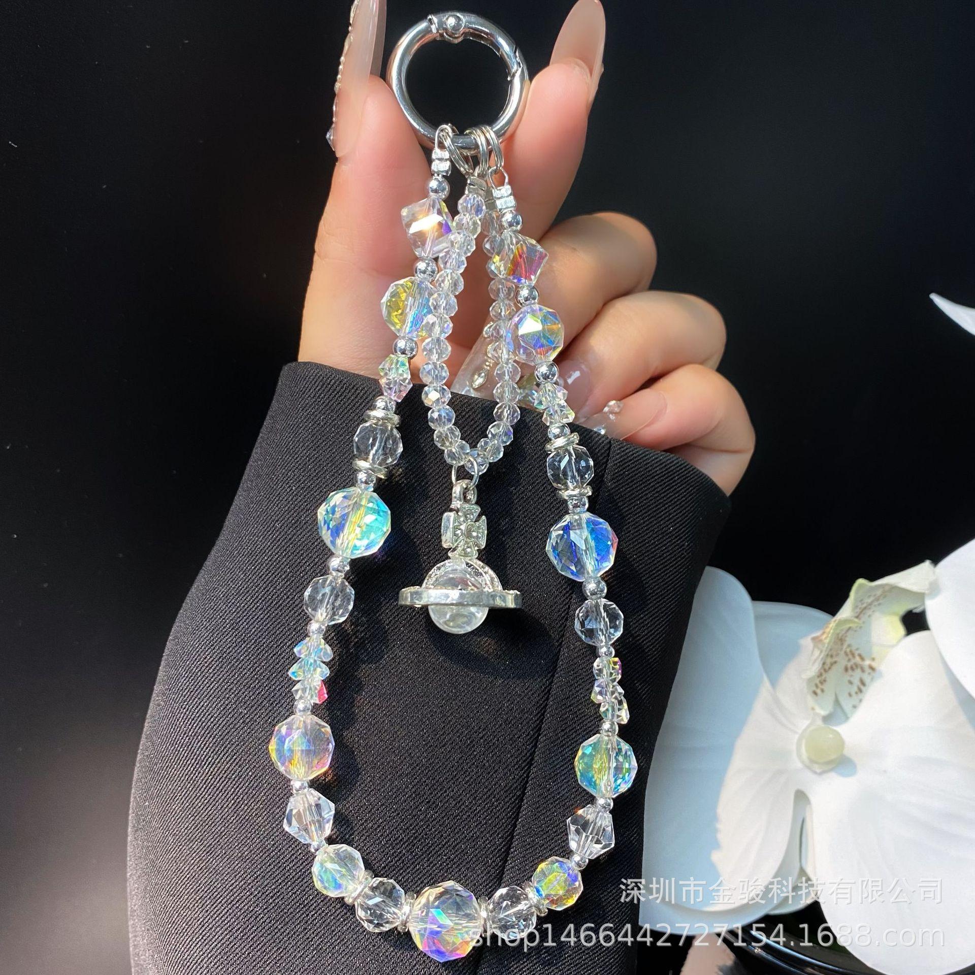 Phone Chain Strap Phone Case Hanging Chain Crystal Chain Beaded Phone Chain Planet Pendant Hanging Decoration Keychain Pendant White【Planet Pendant】