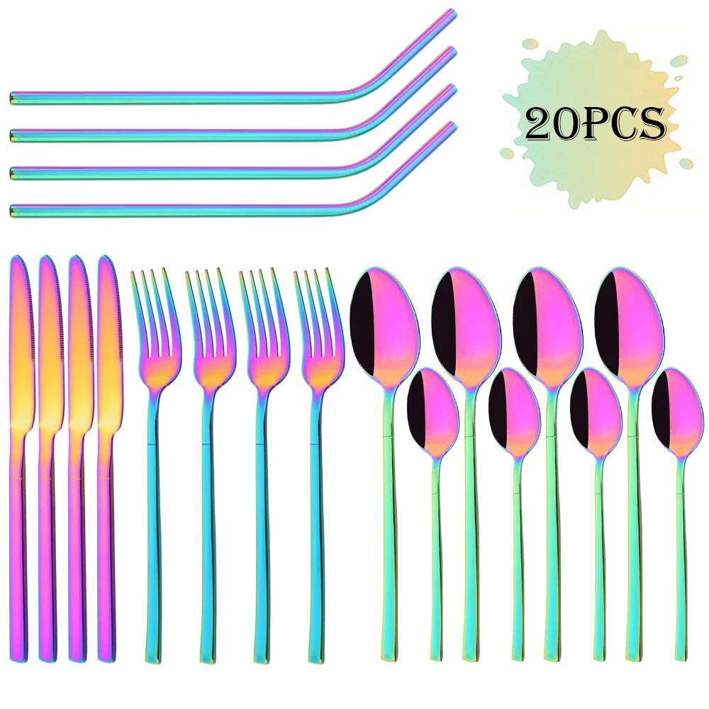 Set di stoviglie di lusso dorate da 20 pezzi Posate in acciaio inossidabile Coltello Forchetta Cucchiaio Cucchiaino Cannuccia in metallo Set di posate Posate da cucina