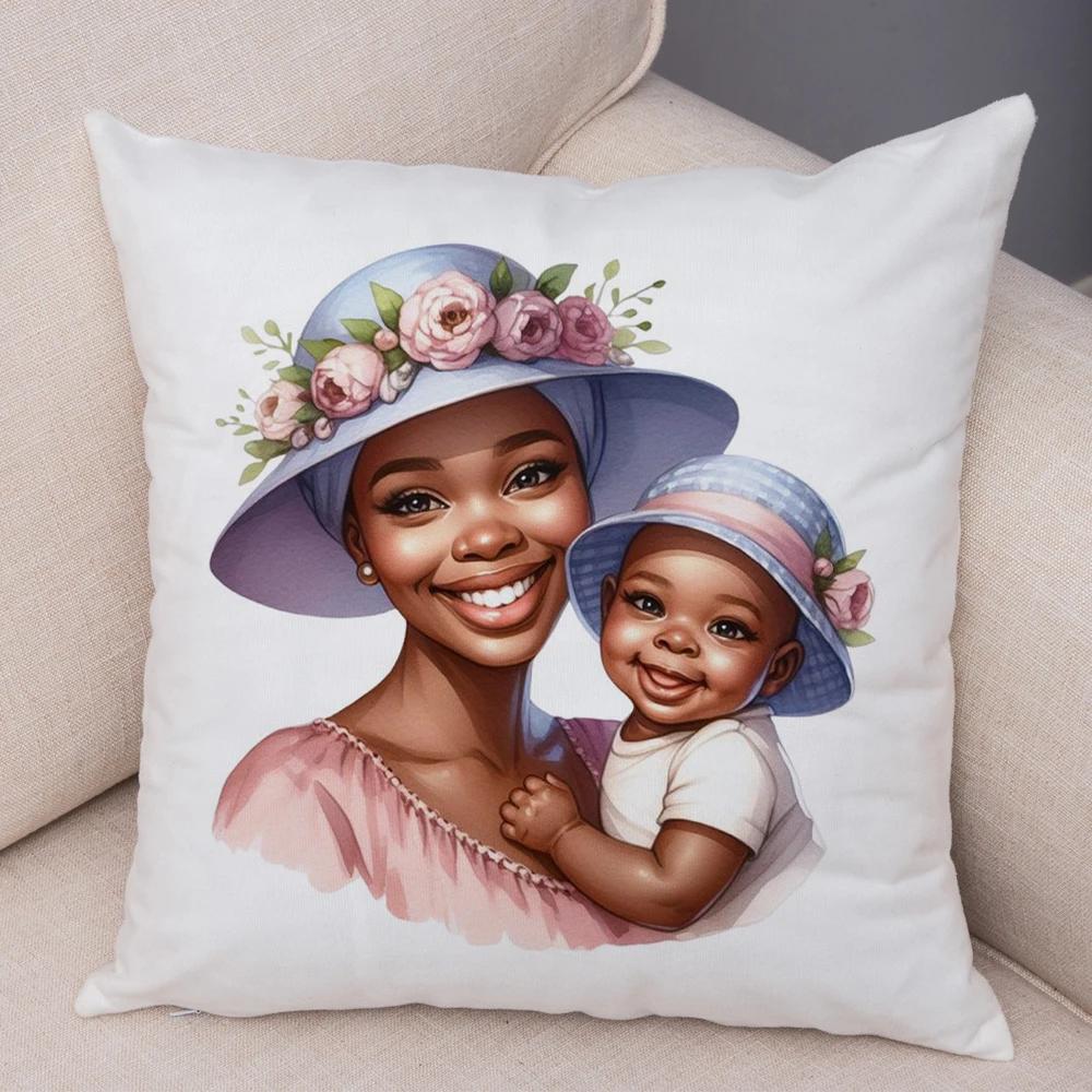 Africa Mom And Baby Pillow Case Decor Cartoon Beautiful Black Women Cushion Cover For Sofa Home Short Plush Pillowcase 45X45Cm