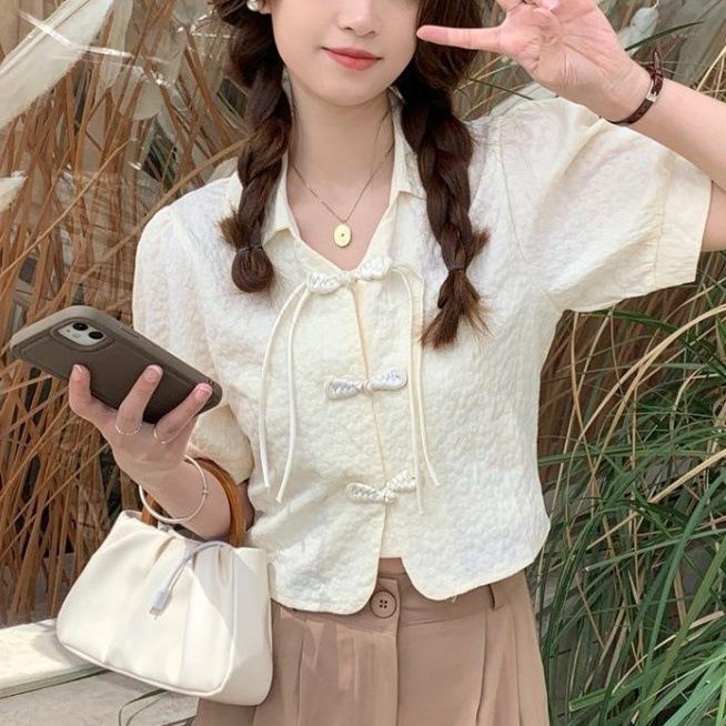 

Женская блузка в стиле ретро с пышными рукавами – белая рубашка с короткими рукавами во французском стиле Medium