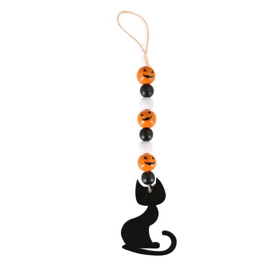 Halloween Wooden Beads Garland Hanging Pumpkin Ghost Bead with Cat Spider Witch Ornaments for Halloween Indoor Outdoor Tree Decor