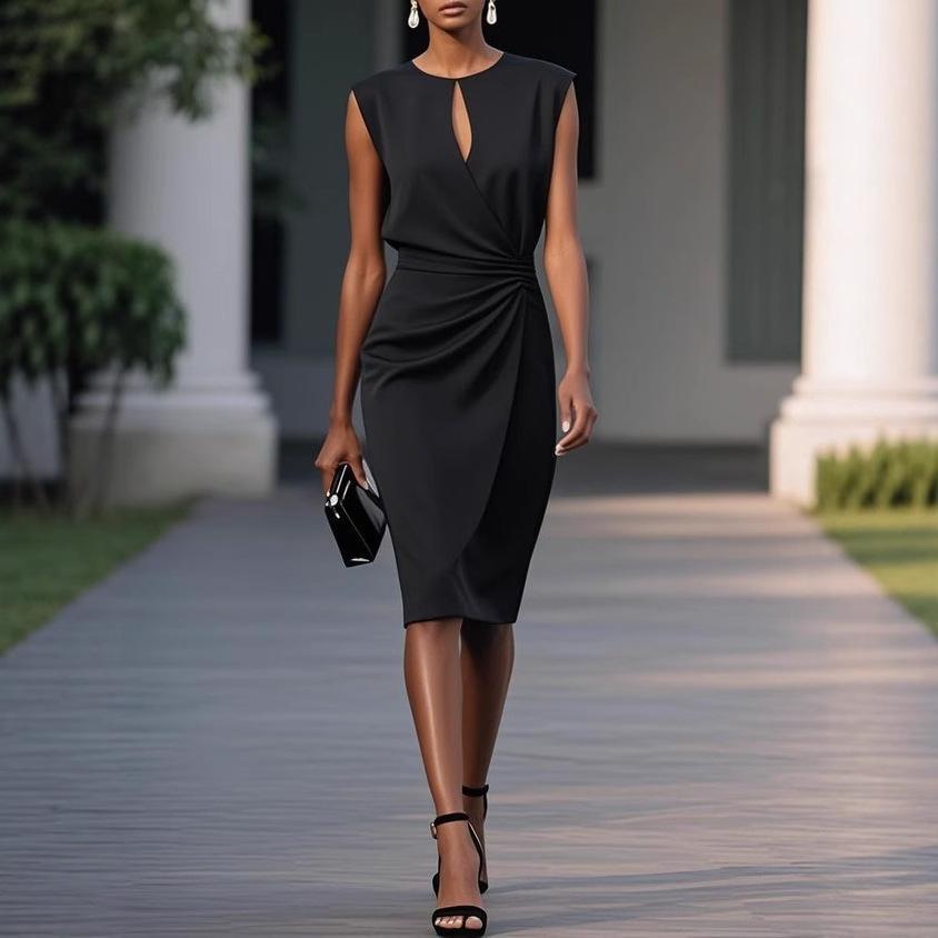 Women's Round Neck Sleeveless Fitted High Waist Keyhole Knot Detail Midi Dress Bodycon Dress