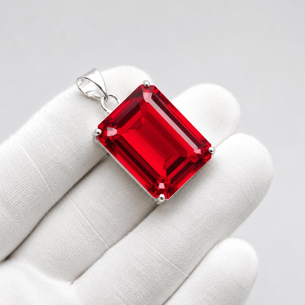 Pigeon Blood Red Ruby Pendant 50 Ct Emerald Cut In 925 Sterling Silver Necklace