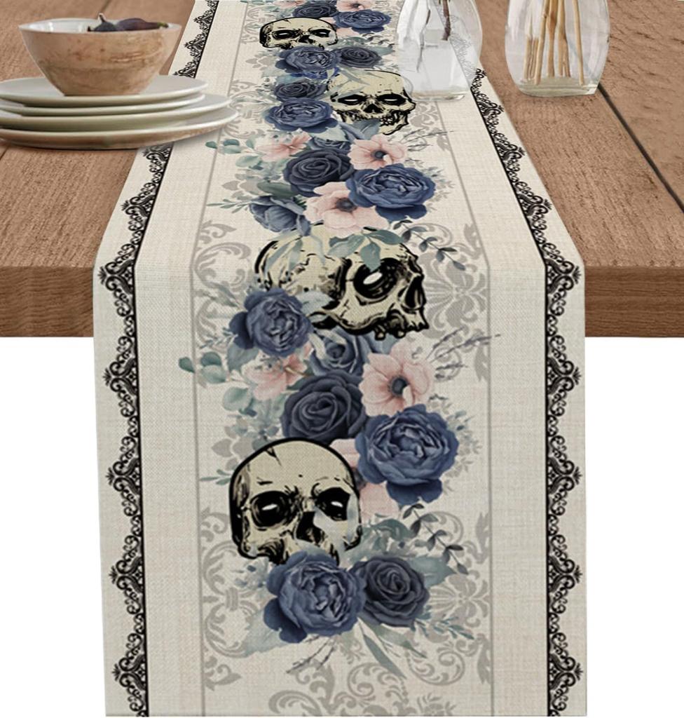 Halloween Goth Style Skulls Flowers Linen Table Runner Dresser Scarves Farmhouse Kitchen Dining Table Runner Party Decorations