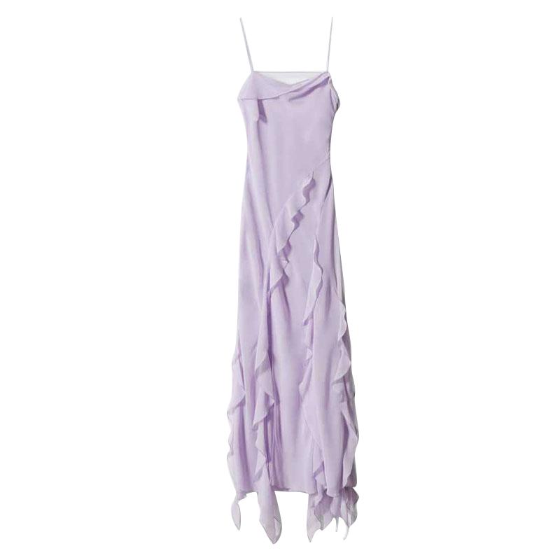 Ruffles Floral Backless V-neck Long Female Camisole Beach Dresses Summer Vacation Side Split Lady Robe