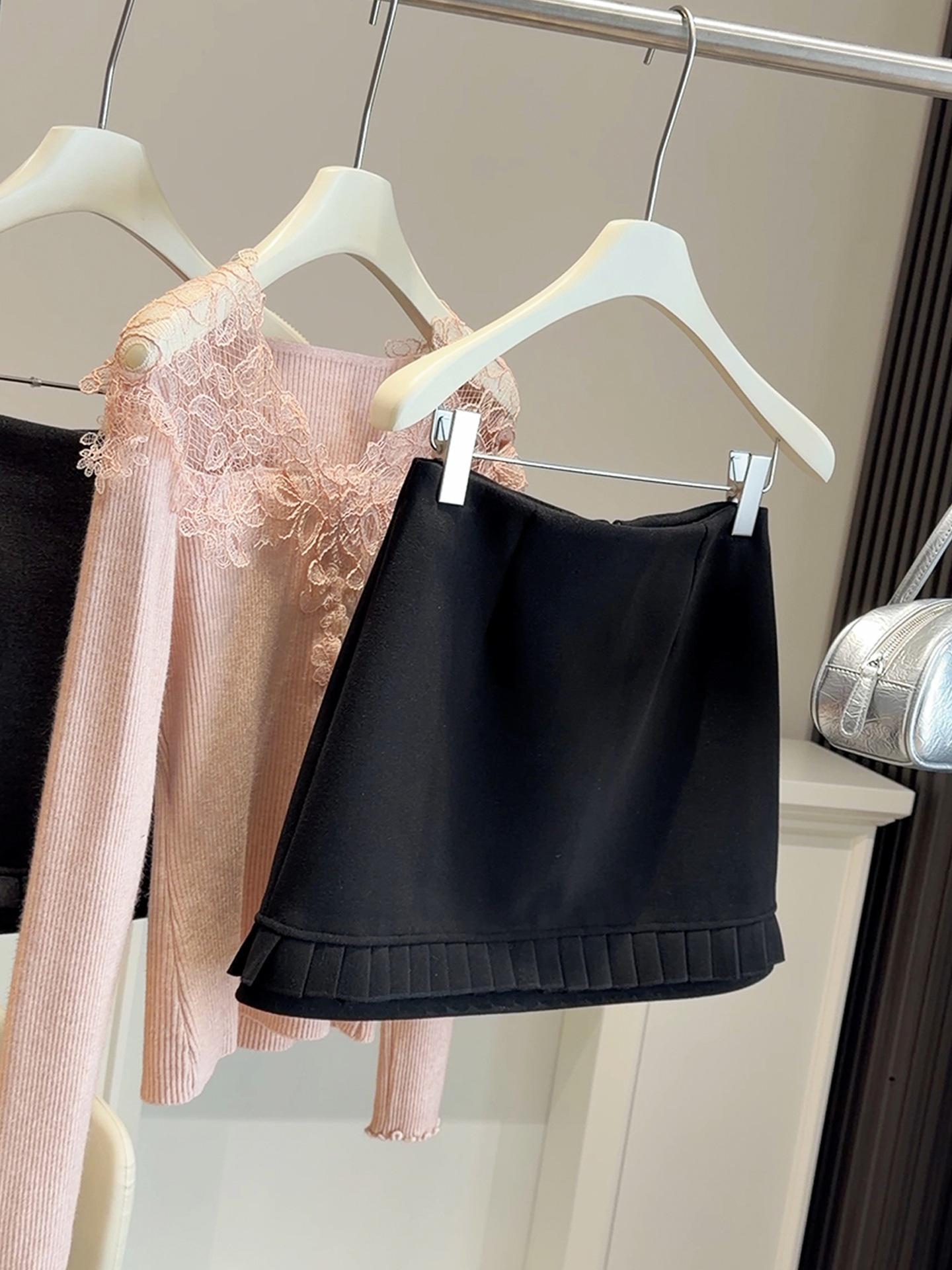 

High-Waisted Pleated Lace Woolen A-line Skirt - 2025 Autumn/Winter Korean Style Small чорний