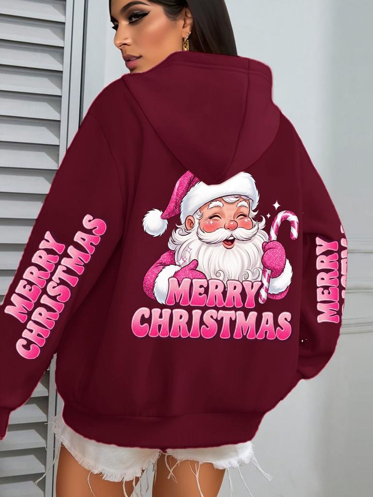 Merry Christmas Pink Santa Printed Sweater Women'S Pocket Hooded Sweater Autumn Winter Hoodie
