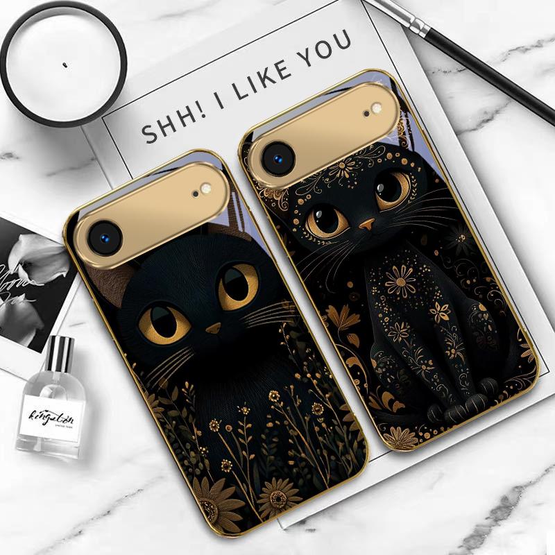 Fantastic Black Cat For IPhone 17Pro Max 16 17 Pro 15 Pro 14 13 Plus 12 Mini 11Pro Max XR 16E 17 Air Golden Glass Phone Case