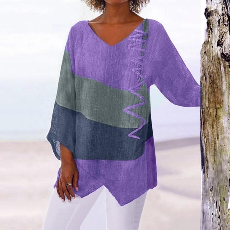 Art Print V Neck Loose Casual Women Long Sleeve Top Irregular Hem
