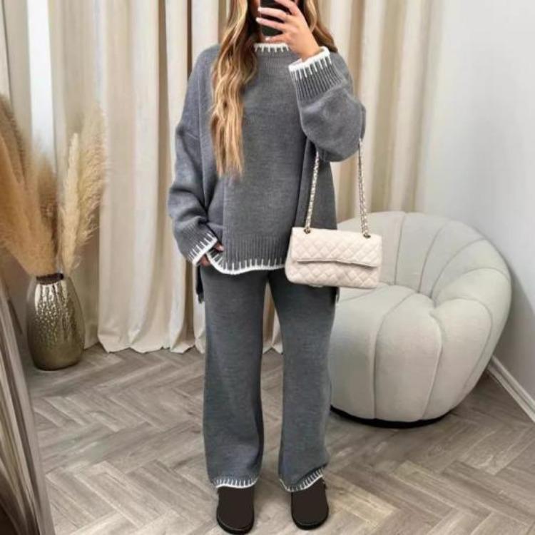 Winter Sweater Pants Set 2 Pcs Warm Loose Knit Long Sleeves O Neck Sweater Wide Leg Trousers Homewear School Daily Outfit Sport Clothes