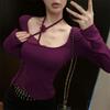 Spicy Girl Halterneck Lace Patchwork Long Sleeve Slim Fit Top - Autumn Winter