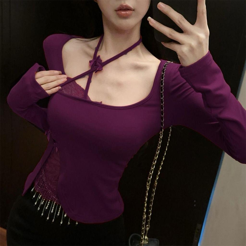 Spicy Girl Halterneck Lace Patchwork Long Sleeve Slim Fit Top - Autumn Winter