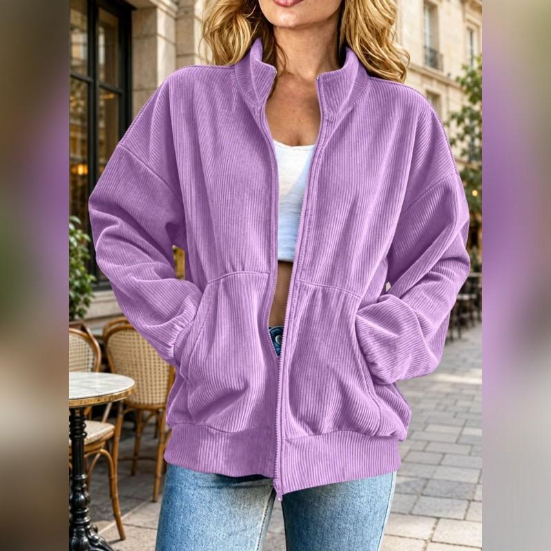 Womens 2026 Loose Fit Stand Collar Zip-Up Long Sleeve Jacket Casual Oversized Outerwear