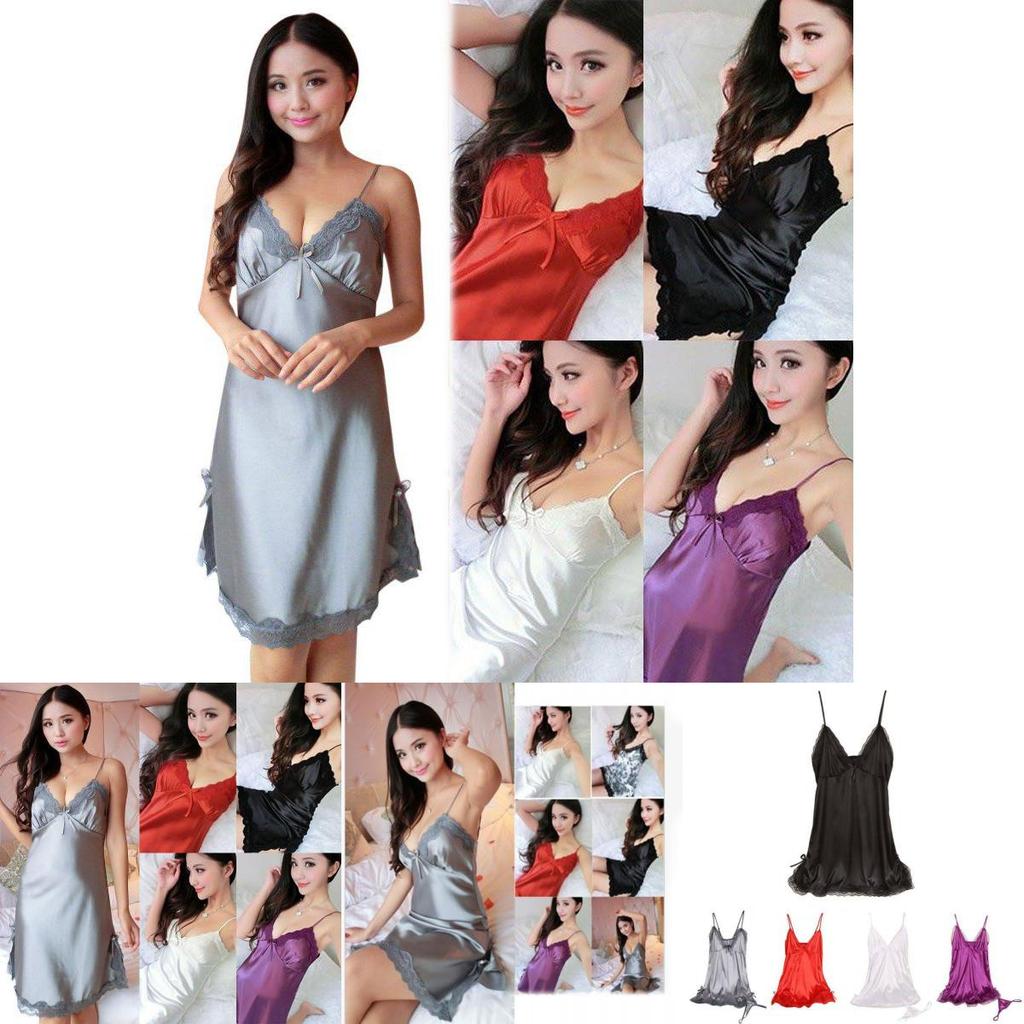 Sexy Lace Women Night Dress Nightwear Mini Deep V Straps Skirts Sleepwear Silk